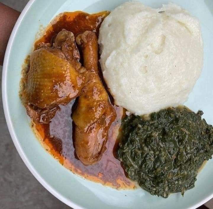 Prato de frango com funge e folhas verdes
