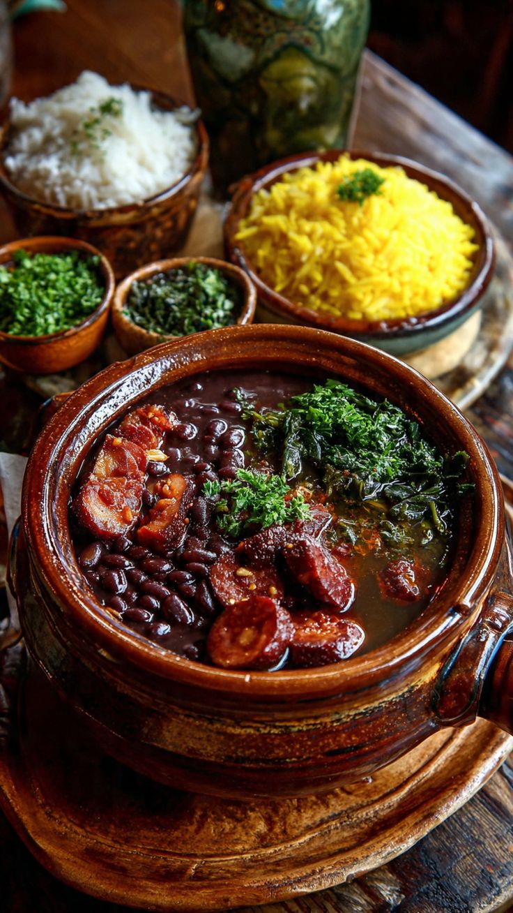 Feijoada servida com arroz branco e amarelo